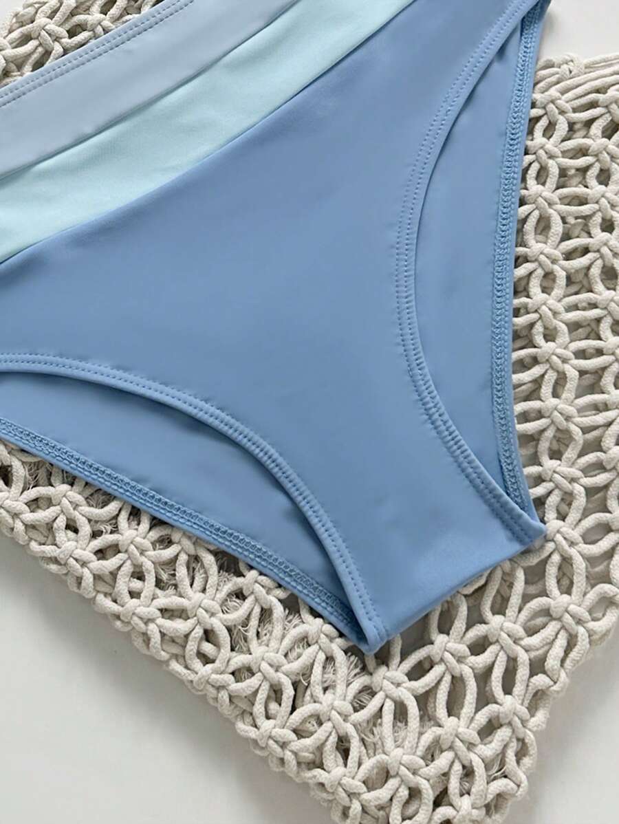 Swim Vcay Fashionable New Sexy Patchwork Color Block Thick Strap Top And High Waist Triangle Bottoms Bikini Swimsuit Set, Bodycon & Alluring For Summer Beach Vacation