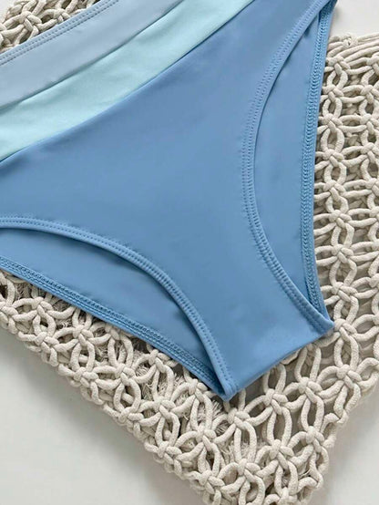 Swim Vcay Fashionable New Sexy Patchwork Color Block Thick Strap Top And High Waist Triangle Bottoms Bikini Swimsuit Set, Bodycon & Alluring For Summer Beach Vacation