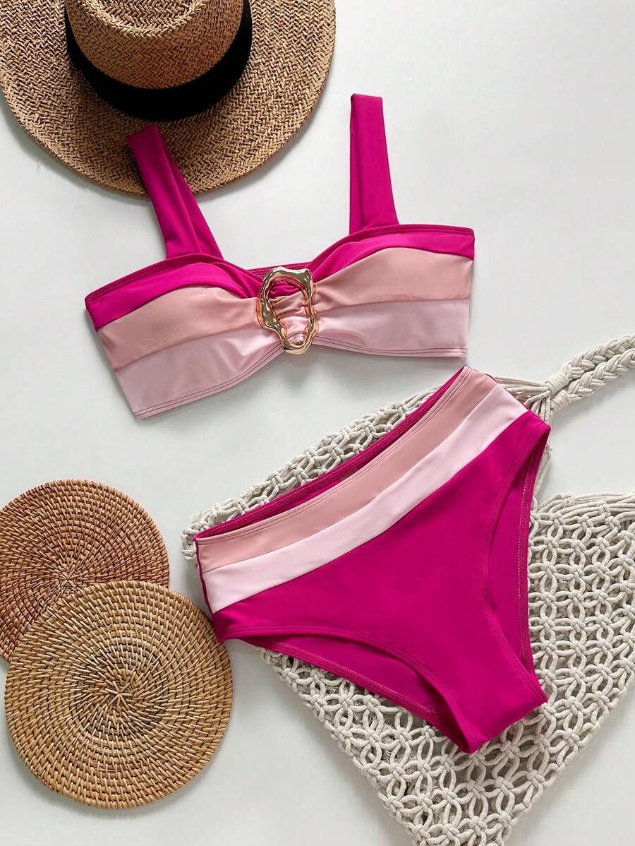Swim Vcay Fashionable New Sexy Patchwork Color Block Thick Strap Top And High Waist Triangle Bottoms Bikini Swimsuit Set, Bodycon & Alluring For Summer Beach Vacation