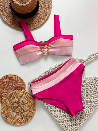 Swim Vcay Fashionable New Sexy Patchwork Color Block Thick Strap Top And High Waist Triangle Bottoms Bikini Swimsuit Set, Bodycon & Alluring For Summer Beach Vacation