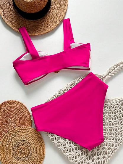 Swim Vcay Fashionable New Sexy Patchwork Color Block Thick Strap Top And High Waist Triangle Bottoms Bikini Swimsuit Set, Bodycon & Alluring For Summer Beach Vacation