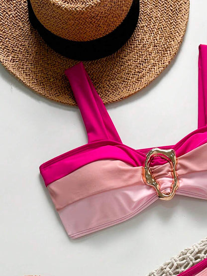 Swim Vcay Fashionable New Sexy Patchwork Color Block Thick Strap Top And High Waist Triangle Bottoms Bikini Swimsuit Set, Bodycon & Alluring For Summer Beach Vacation
