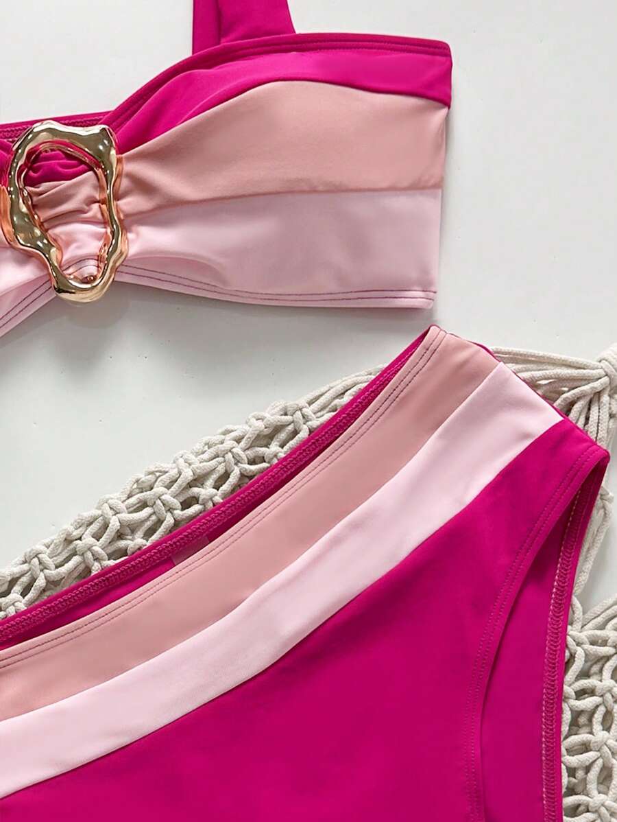 Swim Vcay Fashionable New Sexy Patchwork Color Block Thick Strap Top And High Waist Triangle Bottoms Bikini Swimsuit Set, Bodycon & Alluring For Summer Beach Vacation