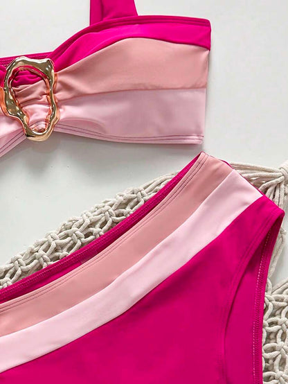 Swim Vcay Fashionable New Sexy Patchwork Color Block Thick Strap Top And High Waist Triangle Bottoms Bikini Swimsuit Set, Bodycon & Alluring For Summer Beach Vacation