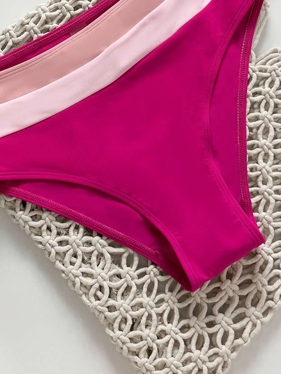 Swim Vcay Fashionable New Sexy Patchwork Color Block Thick Strap Top And High Waist Triangle Bottoms Bikini Swimsuit Set, Bodycon & Alluring For Summer Beach Vacation
