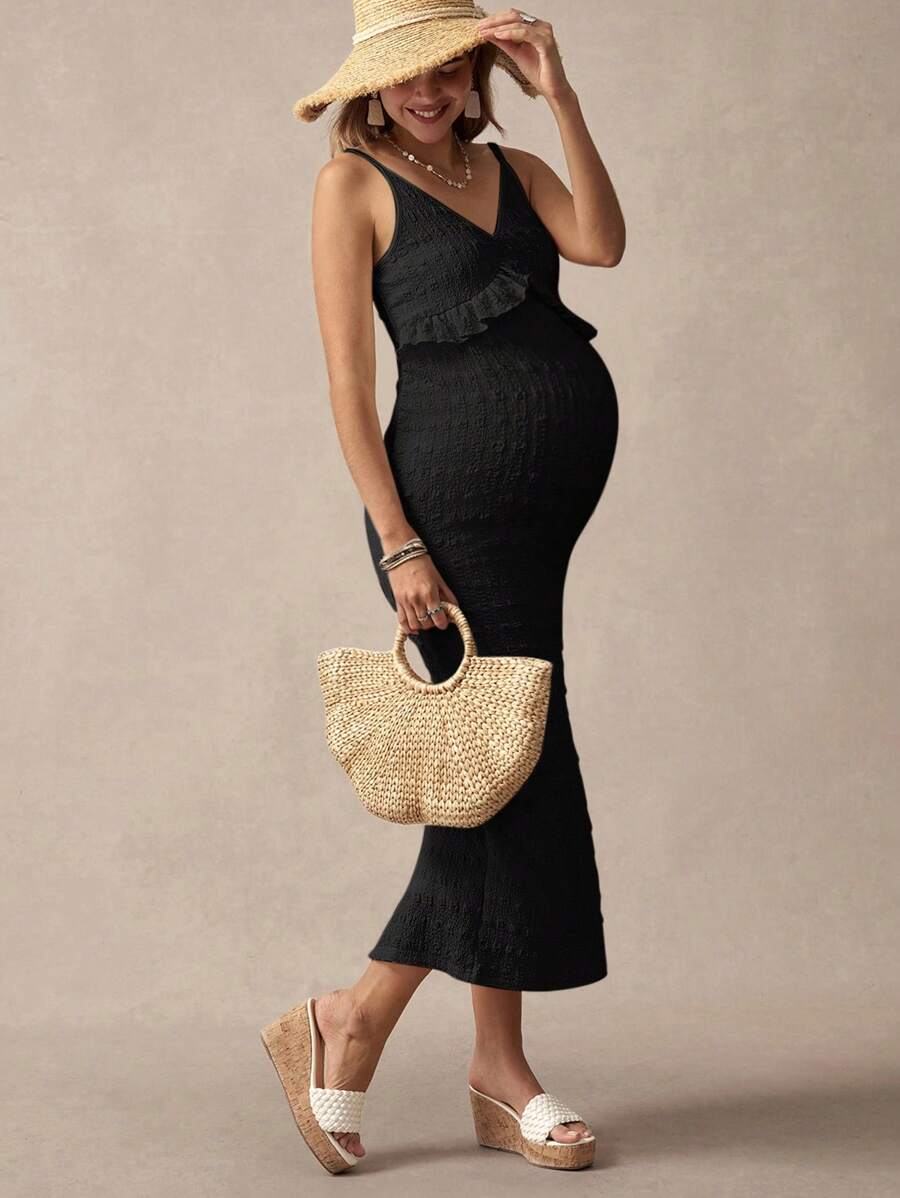 Khaki Striped Ruffled Slit Maternity Dress, Stylish For Dates, Maternity Wear, Maternity Dresses, Maternity-Friendly Clothing, Summer Maternity Wear, Best Maternity Wear, Beach Vacation, Summer Leisure Vacation.