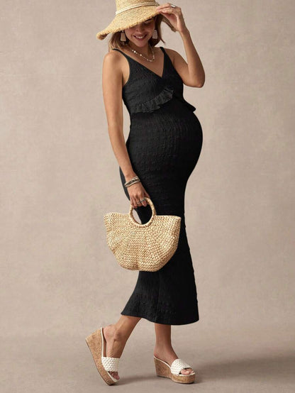 Khaki Striped Ruffled Slit Maternity Dress, Stylish For Dates, Maternity Wear, Maternity Dresses, Maternity-Friendly Clothing, Summer Maternity Wear, Best Maternity Wear, Beach Vacation, Summer Leisure Vacation.
