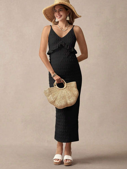 Khaki Striped Ruffled Slit Maternity Dress, Stylish For Dates, Maternity Wear, Maternity Dresses, Maternity-Friendly Clothing, Summer Maternity Wear, Best Maternity Wear, Beach Vacation, Summer Leisure Vacation.