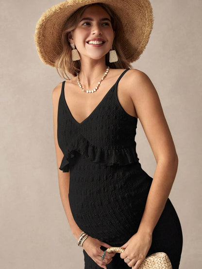 Khaki Striped Ruffled Slit Maternity Dress, Stylish For Dates, Maternity Wear, Maternity Dresses, Maternity-Friendly Clothing, Summer Maternity Wear, Best Maternity Wear, Beach Vacation, Summer Leisure Vacation.