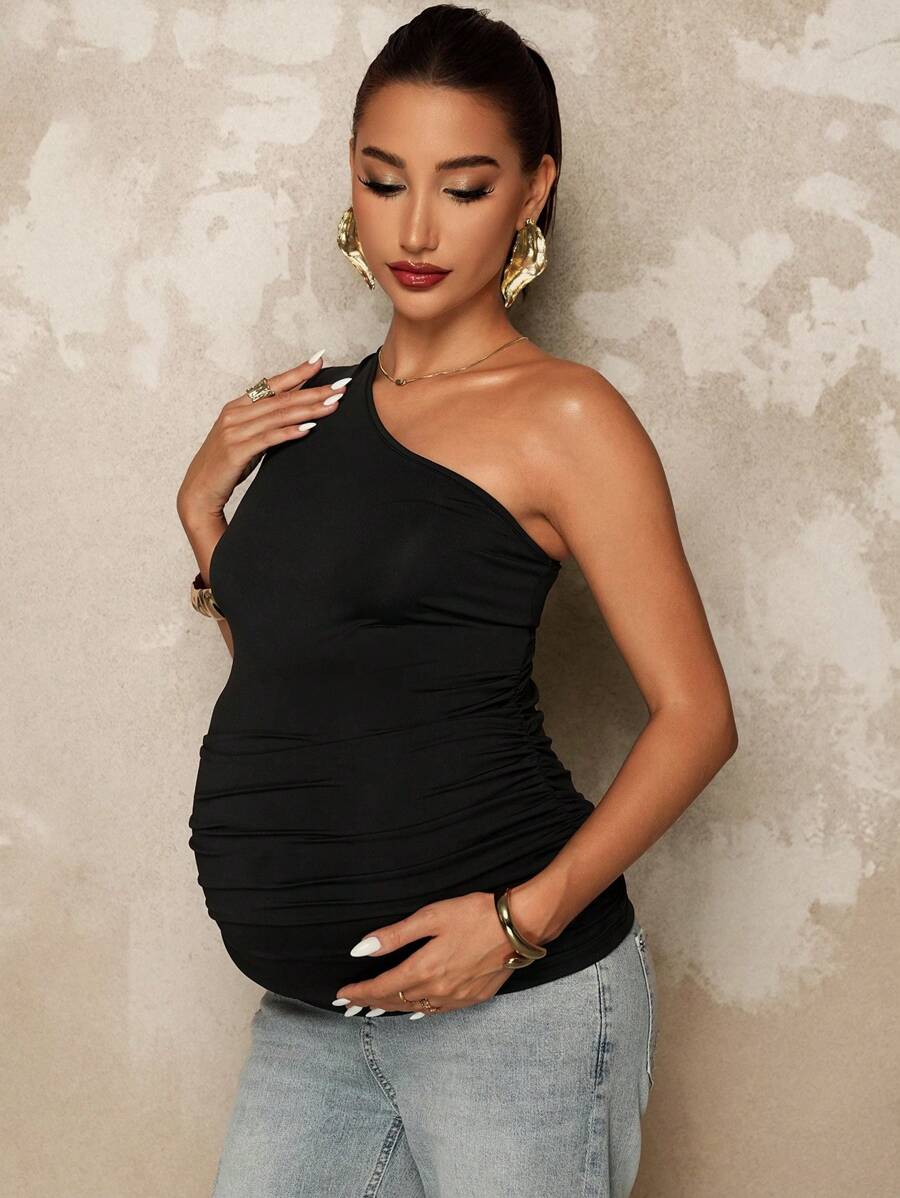 Maternity Asymmetrical Neck Ruched Camisole Backless Slim Fit Knit Summer Top in Black for Casual Beach Outfits