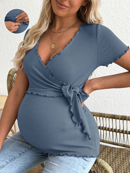 Maternity V-Neck Long Sleeve Tie Front Wrap Top with Lettuce Hem Casual Solid Green Summer Knit T-Shirt