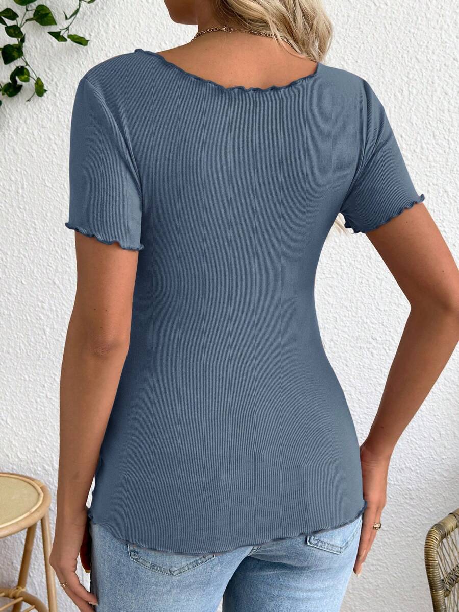 Maternity V-Neck Long Sleeve Tie Front Wrap Top with Lettuce Hem Casual Solid Green Summer Knit T-Shirt