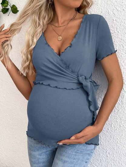 Maternity V-Neck Short Sleeve Belted T-Shirt - Casual Colorblock Regular Fit Summer Knit Top