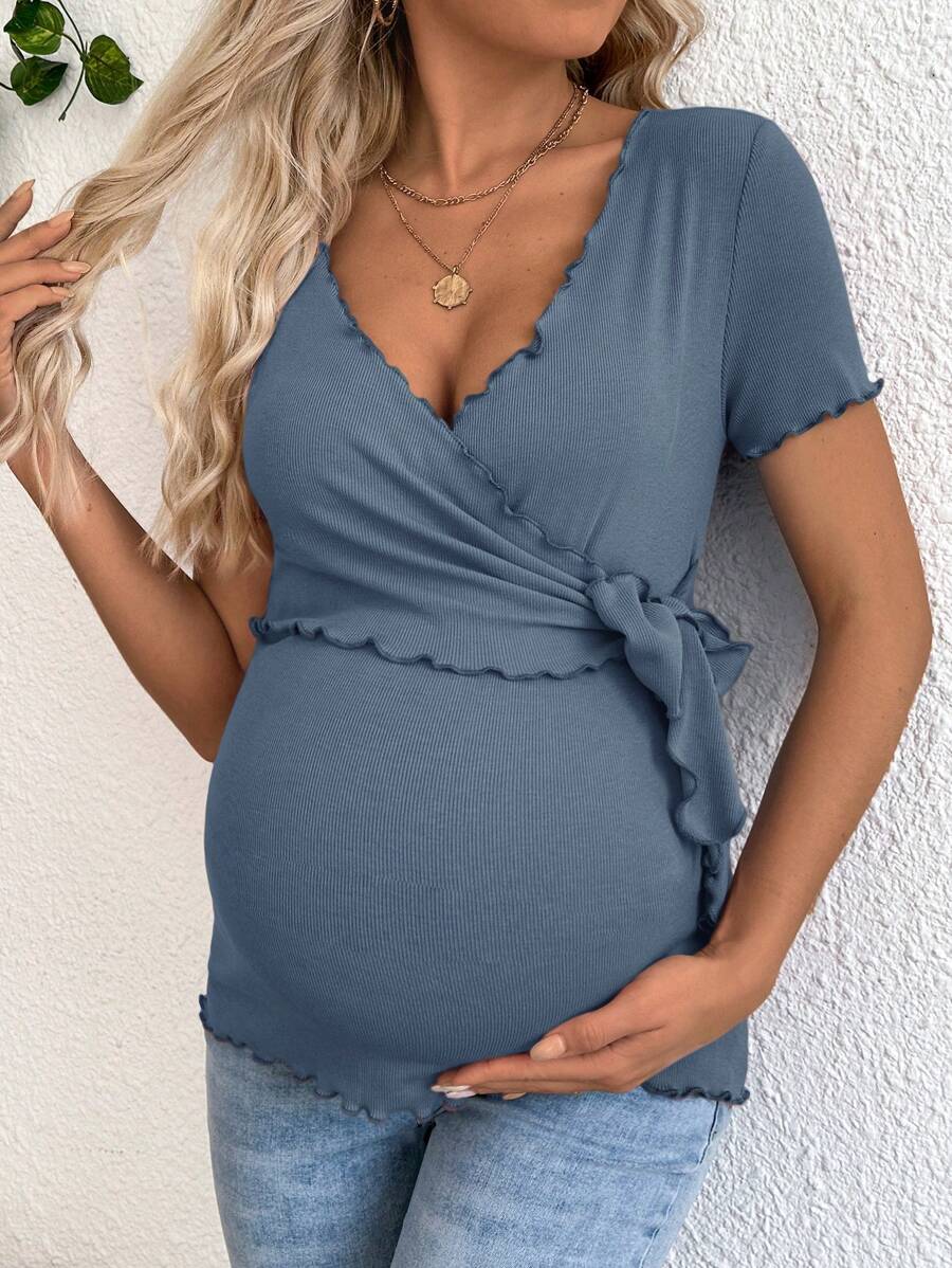 Maternity V-Neck Long Sleeve Tie Front Wrap Top with Lettuce Hem Casual Solid Green Summer Knit T-Shirt