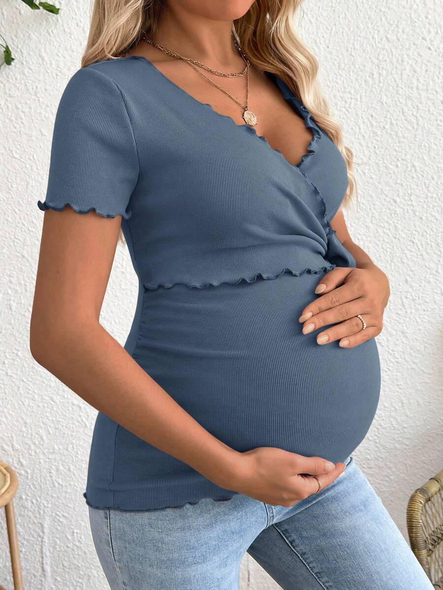 Maternity V-Neck Short Sleeve Belted T-Shirt - Casual Colorblock Regular Fit Summer Knit Top