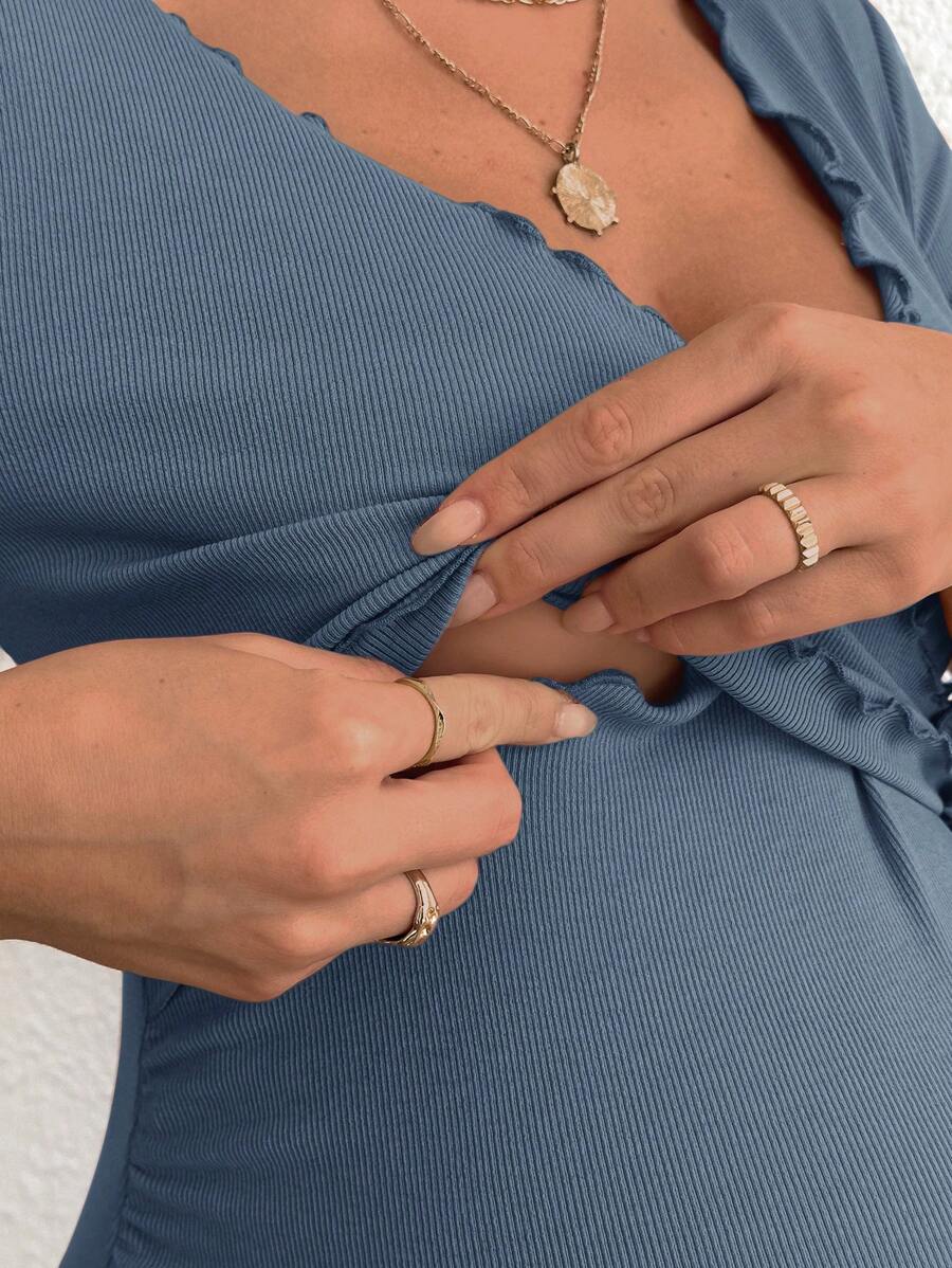 Maternity V-Neck Long Sleeve Tie Front Wrap Top with Lettuce Hem Casual Solid Green Summer Knit T-Shirt
