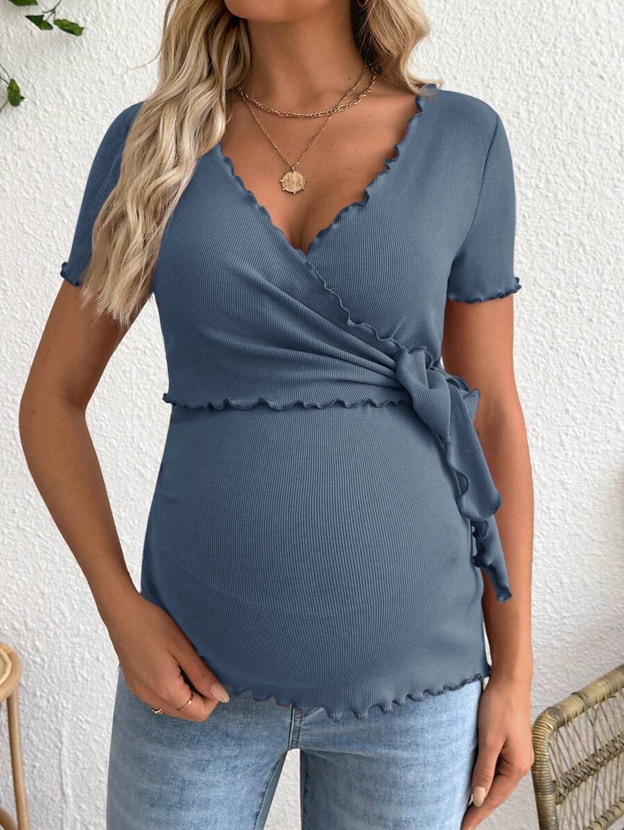 Maternity V-Neck Short Sleeve Belted T-Shirt - Casual Colorblock Regular Fit Summer Knit Top