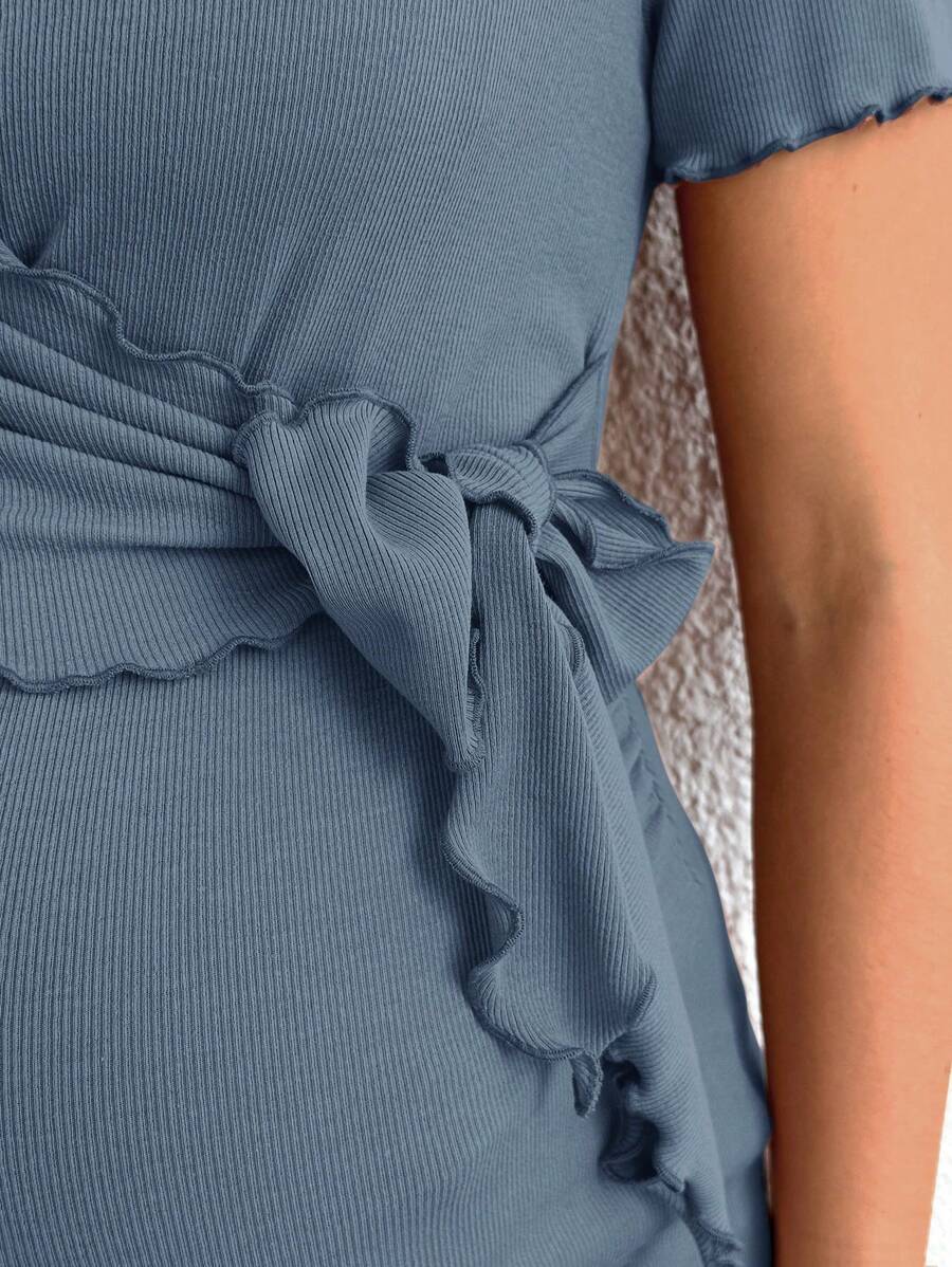 Maternity V-Neck Long Sleeve Tie Front Wrap Top with Lettuce Hem Casual Solid Green Summer Knit T-Shirt