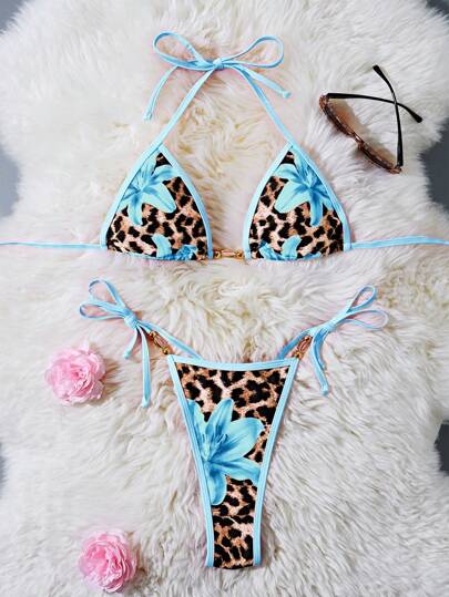 Women's 2-Piece Halter Bikini Set - Metallic Floral & Leopard Print, Triangle Cup, Baby Blue