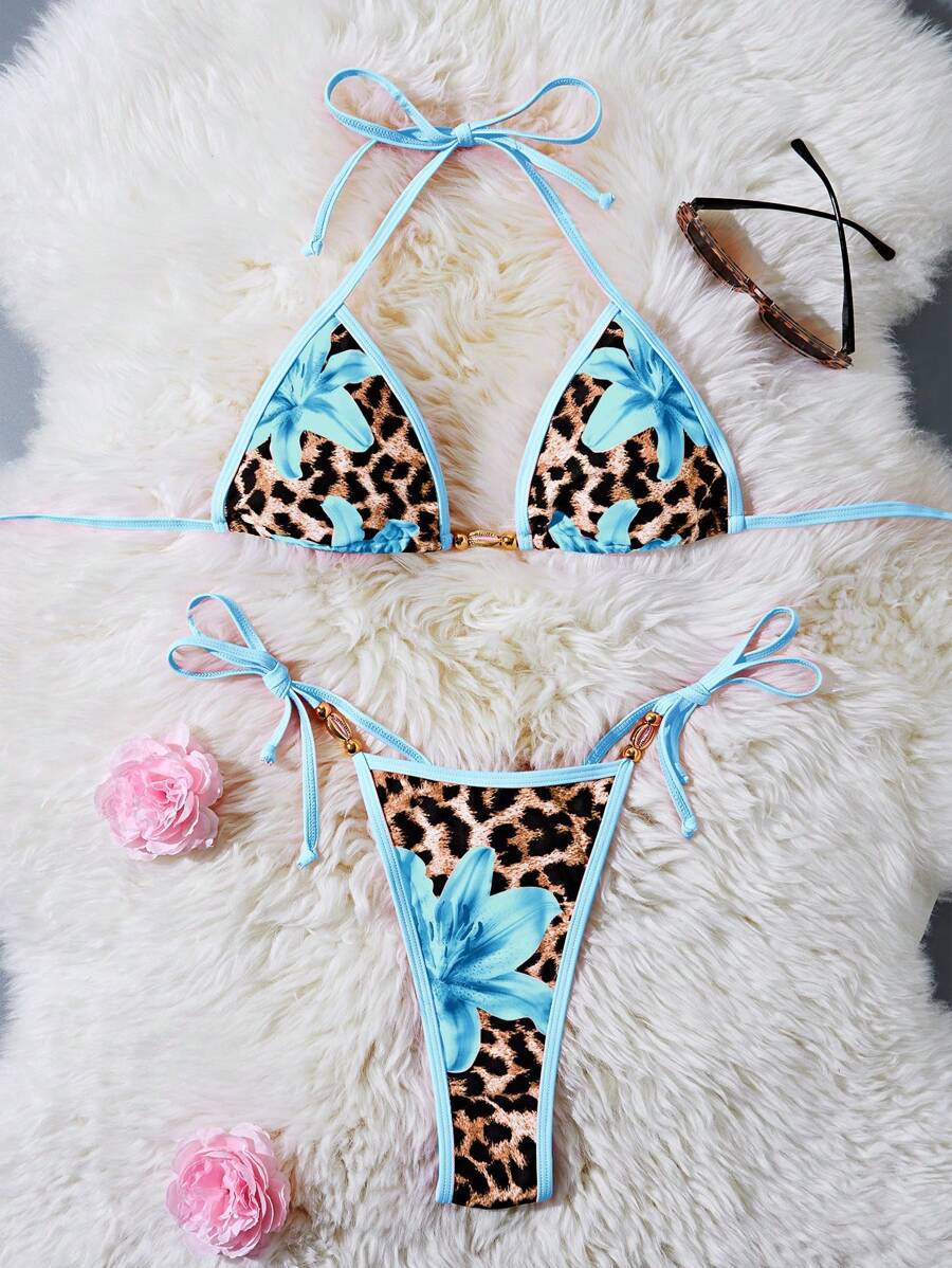 Women's 2-Piece Halter Bikini Set - Metallic Floral & Leopard Print, Triangle Cup, Baby Blue