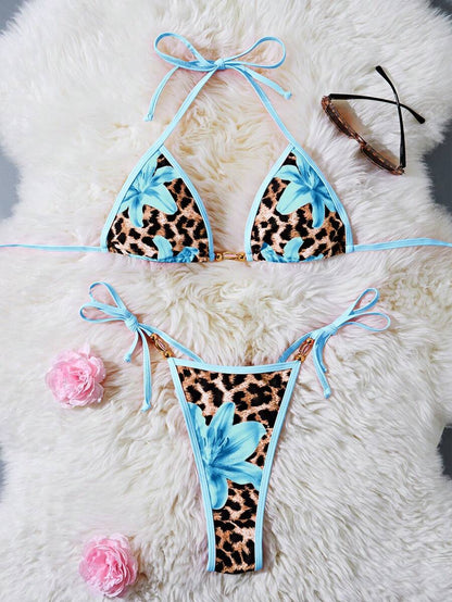 Women's 2-Piece Halter Bikini Set - Metallic Floral & Leopard Print, Triangle Cup, Baby Blue