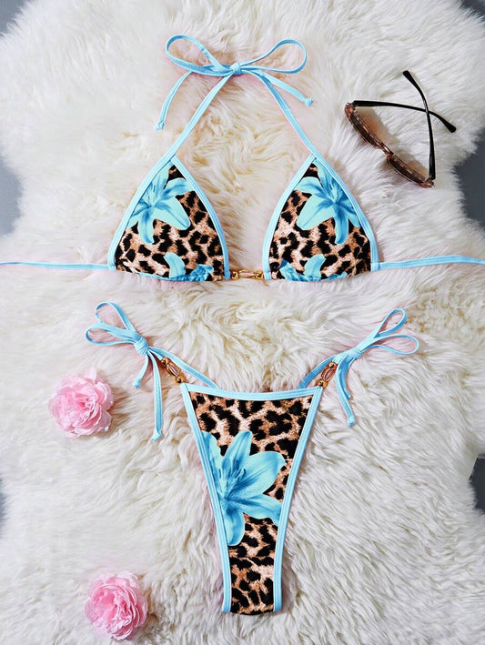 Women's 2-Piece Halter Bikini Set - Metallic Floral & Leopard Print, Triangle Cup, Baby Blue