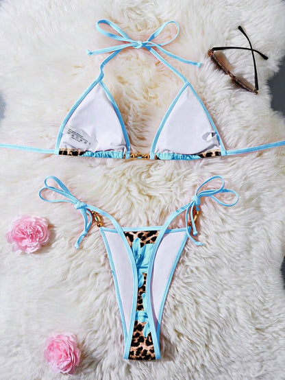 Women's 2-Piece Halter Bikini Set - Metallic Floral & Leopard Print, Triangle Cup, Baby Blue