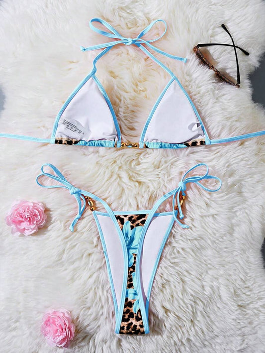 Women's 2-Piece Halter Bikini Set - Metallic Floral & Leopard Print, Triangle Cup, Baby Blue