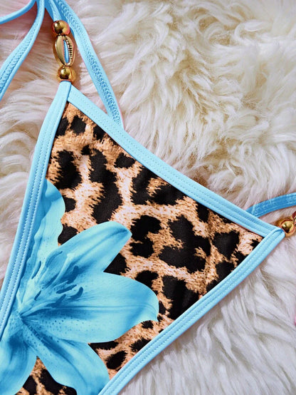 Women's 2-Piece Halter Bikini Set - Metallic Floral & Leopard Print, Triangle Cup, Baby Blue