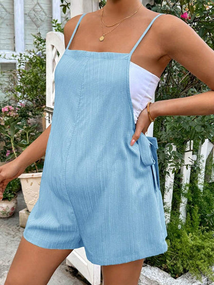 Grey Striped Maternity Romper with Spaghetti Straps and Side Tie Waist - Casual Loose Fit Summer Beach Maternity Jumpsuit