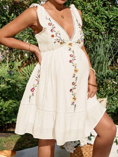 Maternity Sexy Deep V Neck Floral Embroidery Cap Sleeve Boho A Line Dress for Vacation and Photoshoot Apricot