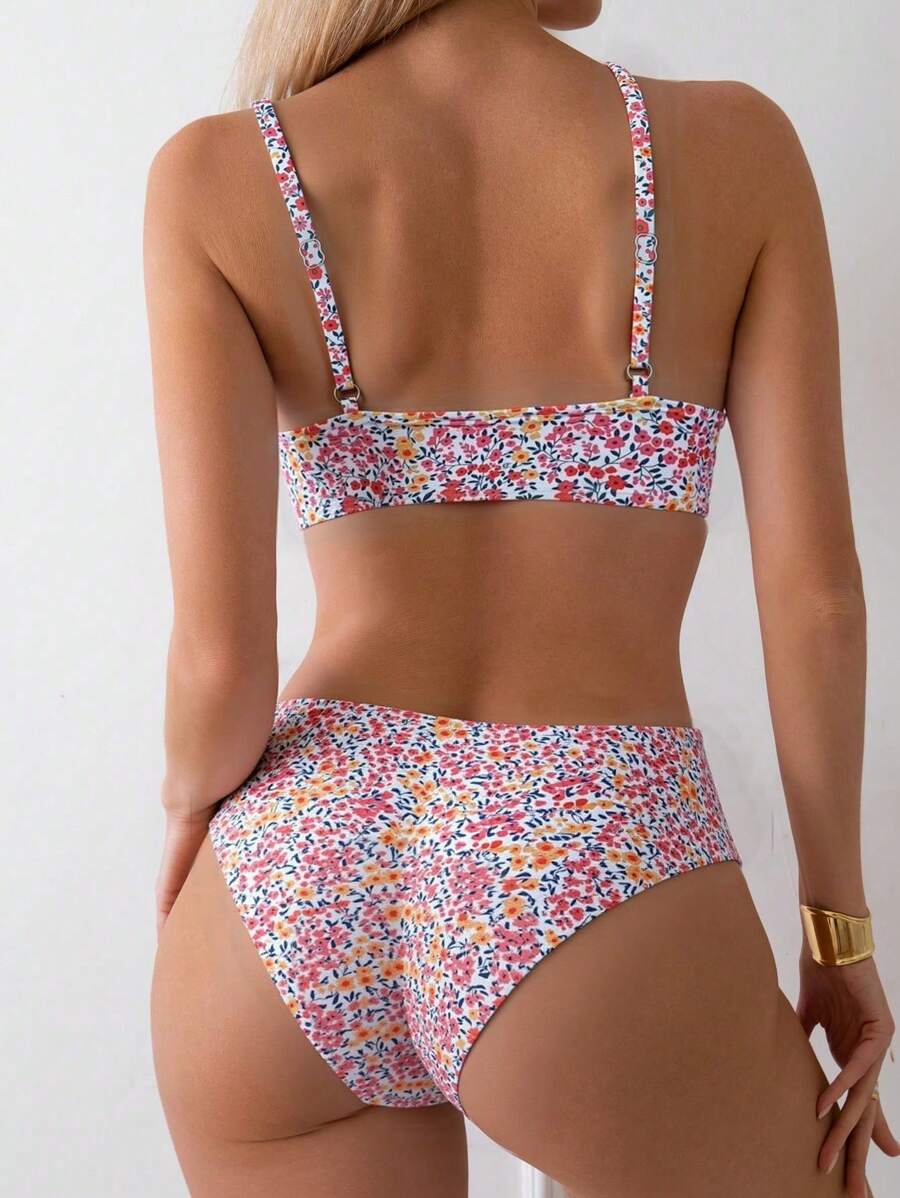Women's Ditsy Floral Bikini Set - Ruched Spaghetti Strap, Hipsters, High Waist, Multicolor