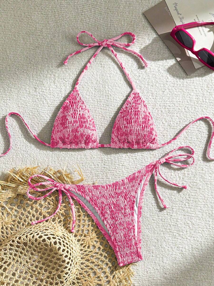Swim Vcay Women's Ruched Tropical Print Halter Neck Tied Swimsuit And Bikini Set, Summer Beach Vacation