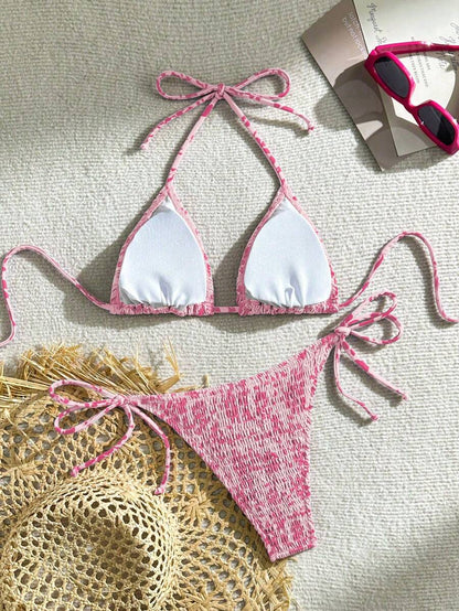 Swim Vcay Women's Ruched Tropical Print Halter Neck Tied Swimsuit And Bikini Set, Summer Beach Vacation