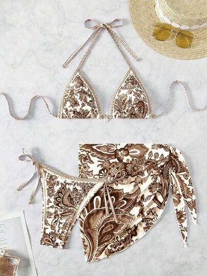 Swim Vcay Women Summer Vacation Floral Print Halter Bikini Set With Coverup & Skirt 3-Piece, Random Print