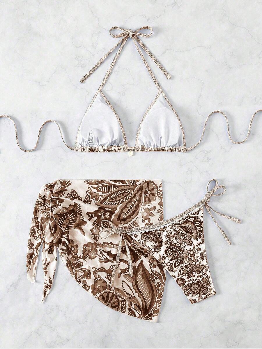Swim Vcay Women Summer Vacation Floral Print Halter Bikini Set With Coverup & Skirt 3-Piece, Random Print