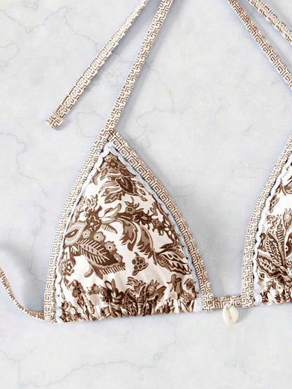 Swim Vcay Women Summer Vacation Floral Print Halter Bikini Set With Coverup & Skirt 3-Piece, Random Print