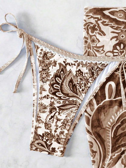 Swim Vcay Women Summer Vacation Floral Print Halter Bikini Set With Coverup & Skirt 3-Piece, Random Print