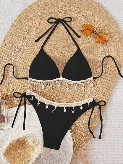Swim Vcay Springbreak Solid Textured Fabric Shell Lanyard Decoration Halter Bikini Top & Tie-Up Triangle Bottoms, Summer Beach Party Women Bikini Set