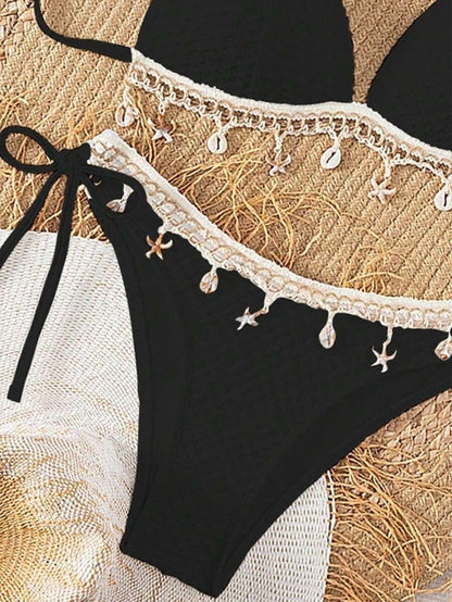 Women's 2-Piece Boho Halter Bikini Set - Shell Strap, Tie Side, Push Up, Pink