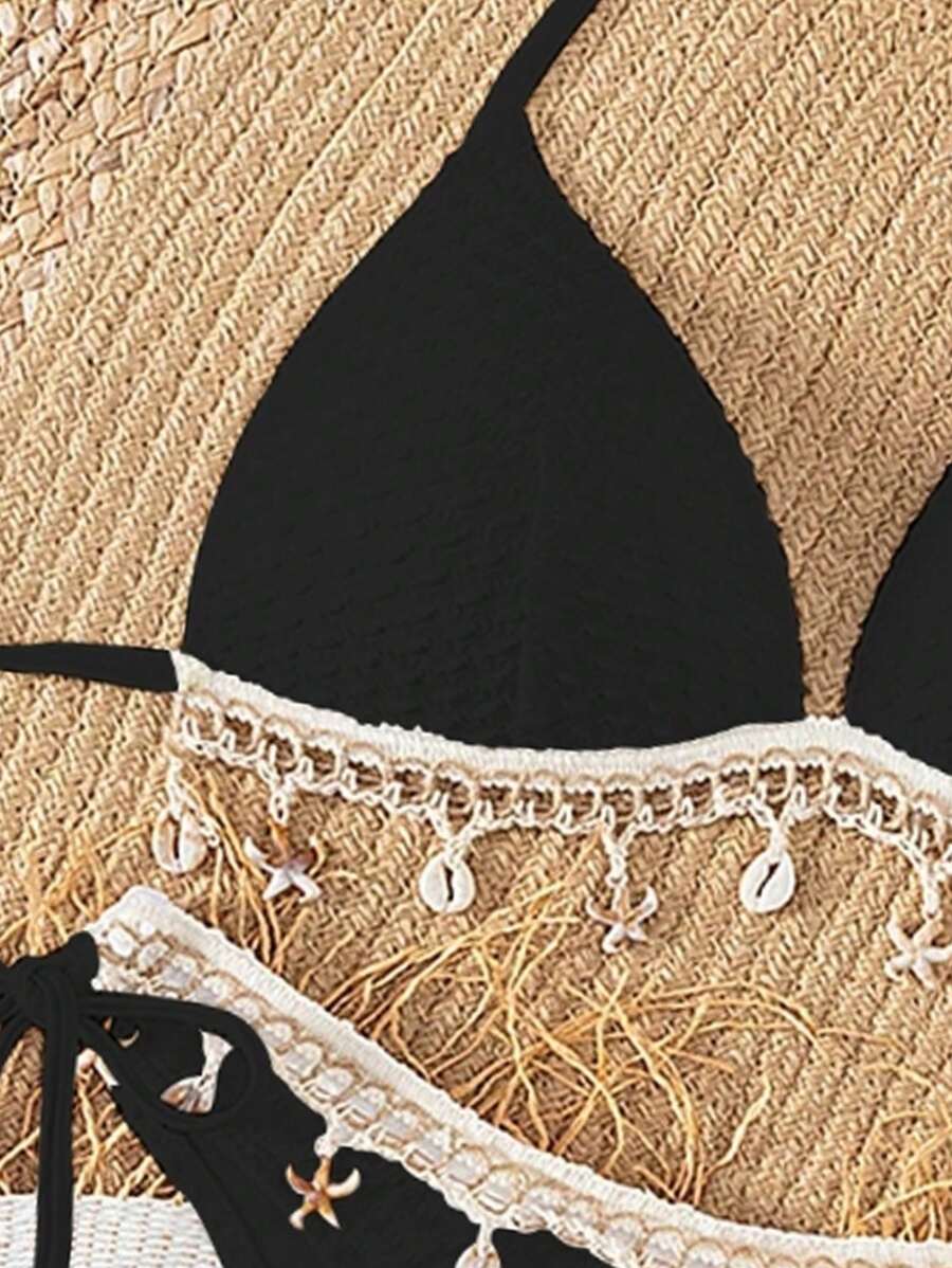 Women's 2-Piece Boho Halter Bikini Set - Shell Strap, Tie Side, Push Up, Pink