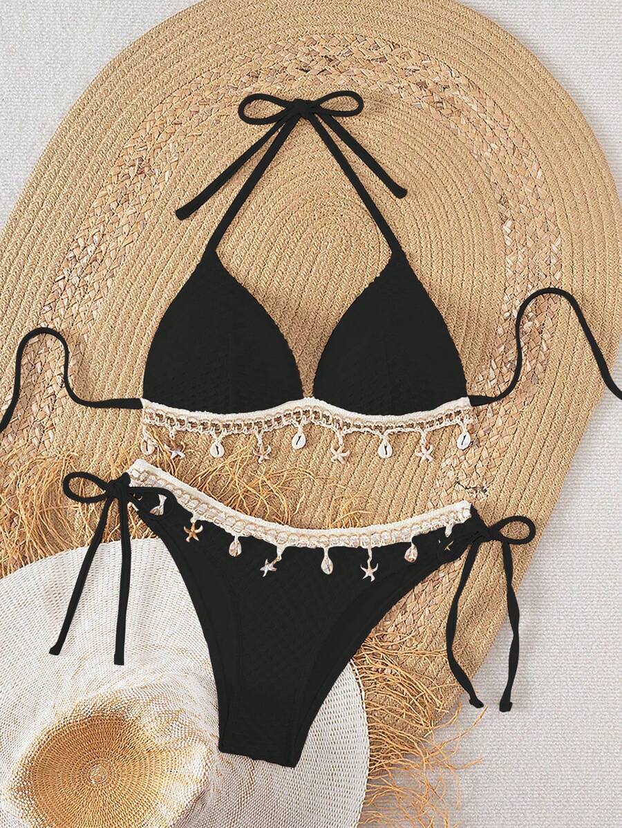 Swim Vcay Springbreak Solid Textured Fabric Shell Lanyard Decoration Halter Bikini Top & Tie-Up Triangle Bottoms, Summer Beach Party Women Bikini Set