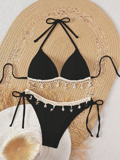 Swim Vcay Springbreak Solid Textured Fabric Shell Lanyard Decoration Halter Bikini Top & Tie-Up Triangle Bottoms, Summer Beach Party Women Bikini Set