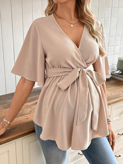 V-Neck Maternity Peplum Blouse with Flounce Sleeves and Adjustable Waist Belt in Dusty Pink for Work or Casual Wear
