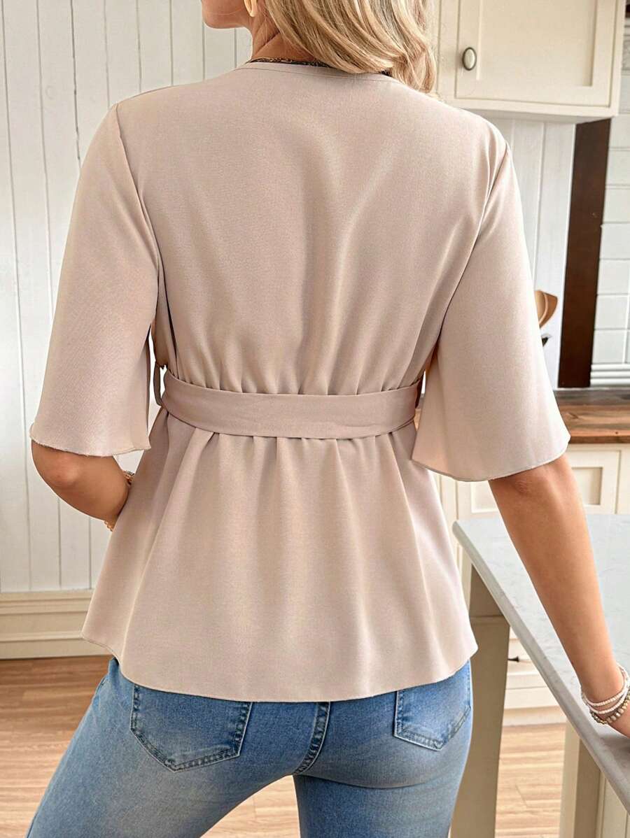 V-Neck Maternity Peplum Blouse with Flounce Sleeves and Adjustable Waist Belt in Dusty Pink for Work or Casual Wear
