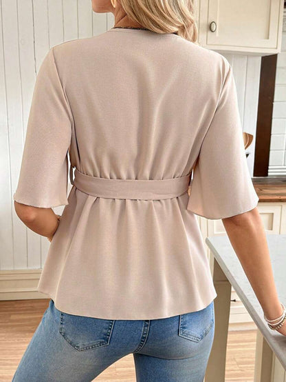 V-Neck Maternity Peplum Blouse with Flounce Sleeves and Adjustable Waist Belt in Dusty Pink for Work or Casual Wear