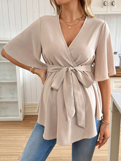 V-Neck Maternity Peplum Blouse with Flounce Sleeves and Adjustable Waist Belt in Dusty Pink for Work or Casual Wear