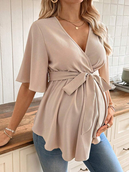 V-Neck Maternity Peplum Blouse with Flounce Sleeves and Adjustable Waist Belt in Dusty Pink for Work or Casual Wear