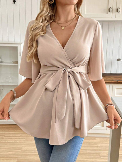 V-Neck Maternity Peplum Blouse with Flounce Sleeves and Adjustable Waist Belt in Dusty Pink for Work or Casual Wear