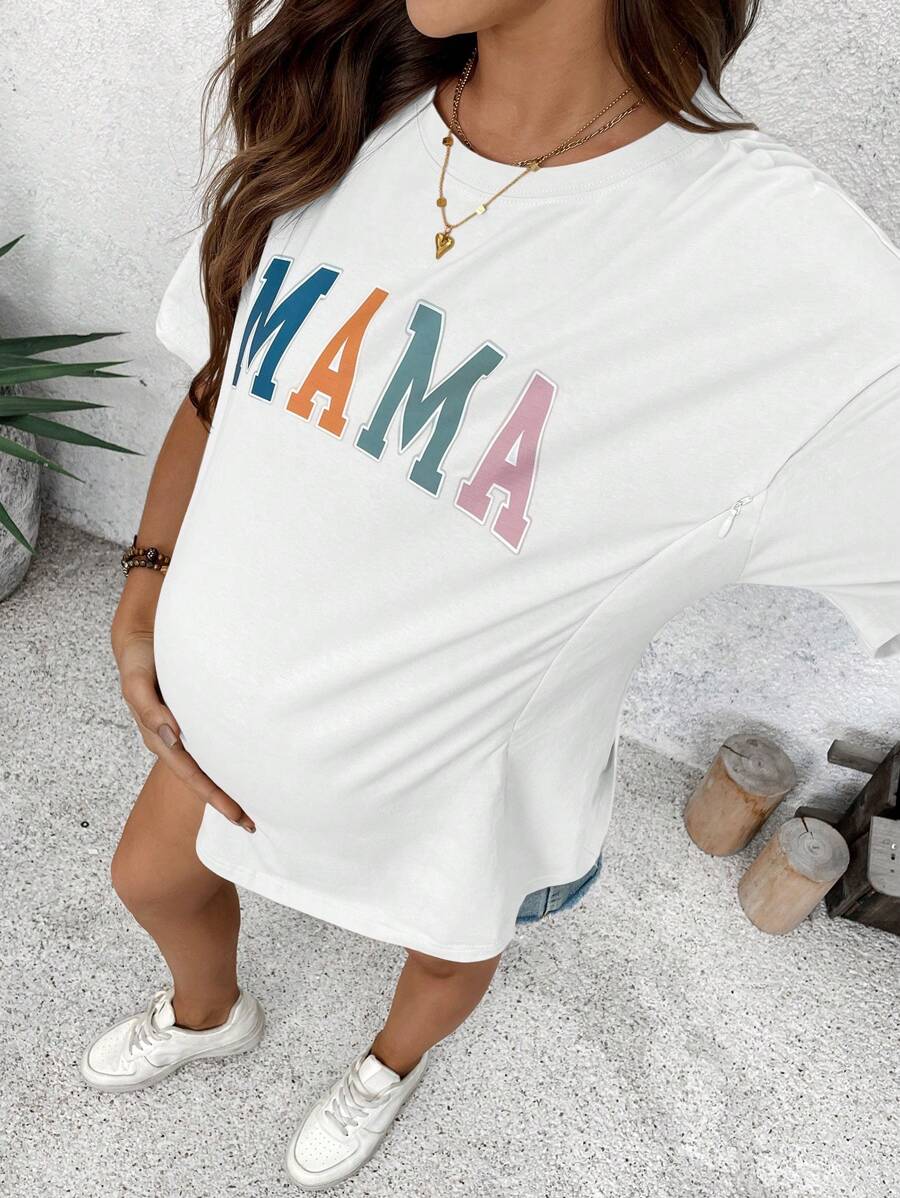 Mama Letter Print Maternity Nursing T-Shirt Loose Fit Short Sleeve Cotton Nursing Top in Apricot for Mother's Day and Spring
